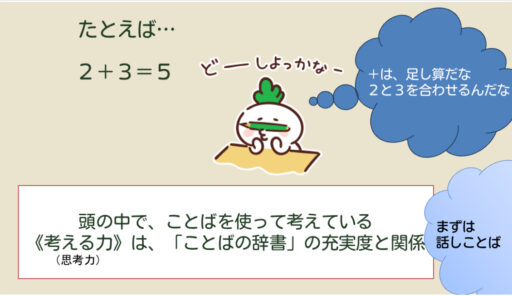 足し算を考える子どものイラスト。「考える力は言葉の辞書の充実度と関係、まずは話し言葉から。」と書かれている。