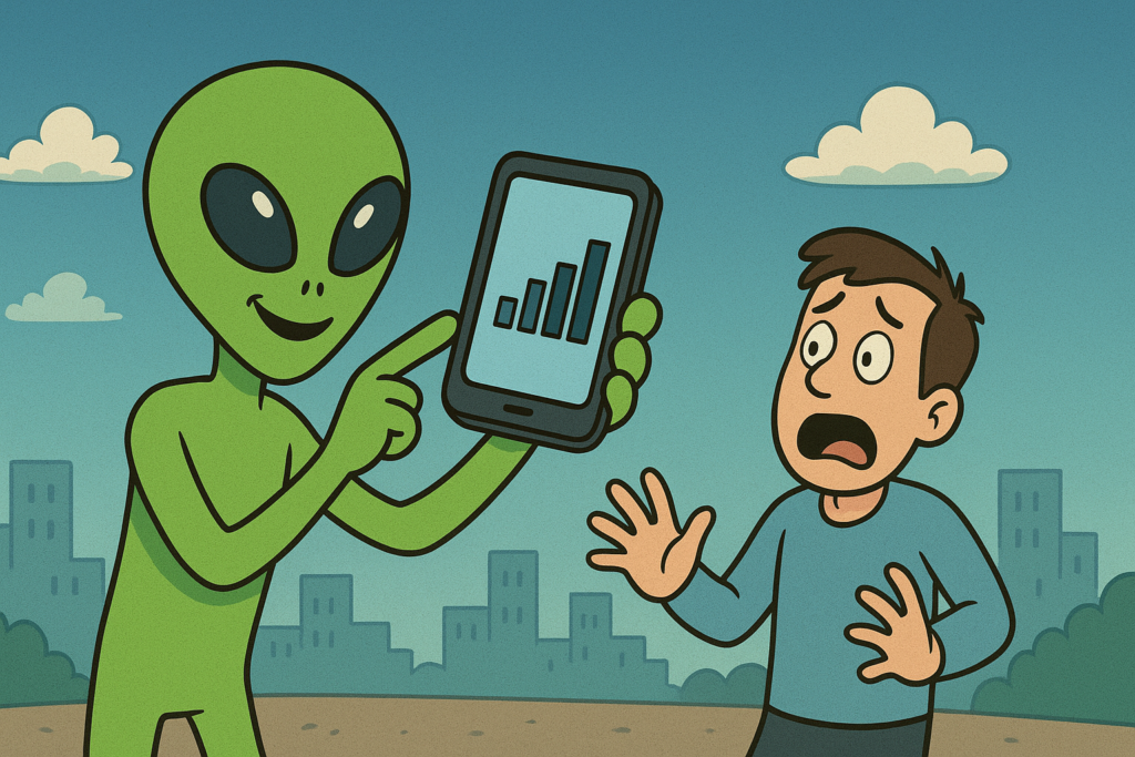 スマホにある電波の強さ表示を見てバカにする宇宙人。困惑する地球人の男性。