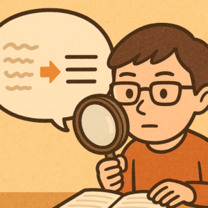 はっきりしない線が、すっきりした線に見えるようになった、ルーペを通して本を読むメガネの男性