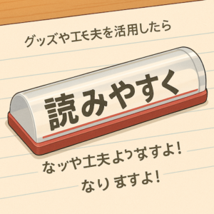 アニメ風の絵で、紙の上に載せ「読みやすく」の部分が大きくなったバールーペ。赤線入り。前後に「グッズや工夫を活用したら」「なりますよ」の文字が生成AIのミスにより変になっている。
