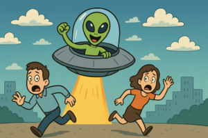 侵略してきた宇宙人から逃げ惑う、UFOに乗った宇宙人。コミカルなイラスト風。