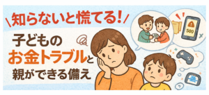 知らないと慌てる！子供のお金トラブルと親ができる備え　と書いてある、親子のイラスト